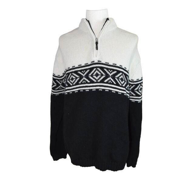 Vintage Obermeyer Mens 100% Wool Sweater Nordic Fair Isle Quarter Zip Black XL - Picture 1 of 5